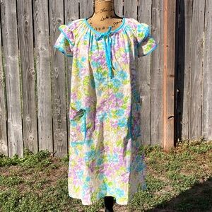 Vtg 50s Mod Rainbow Fashions Floral Zip House Dress Lounge Robe Pockets Small